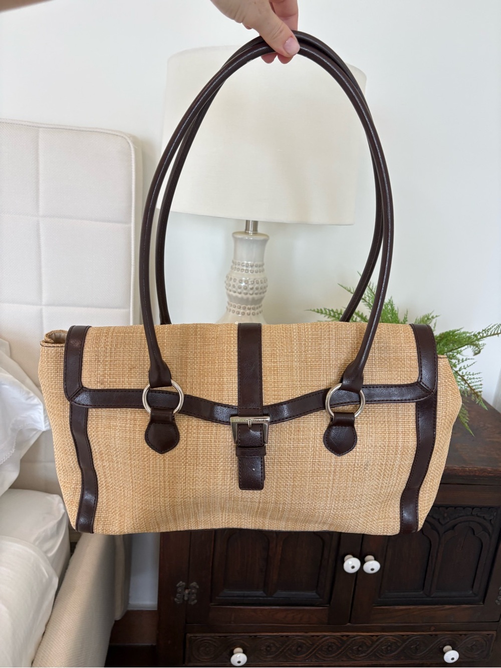 Banana Republic Woven Straw Tote Beach Bag with Dark Brown Trim